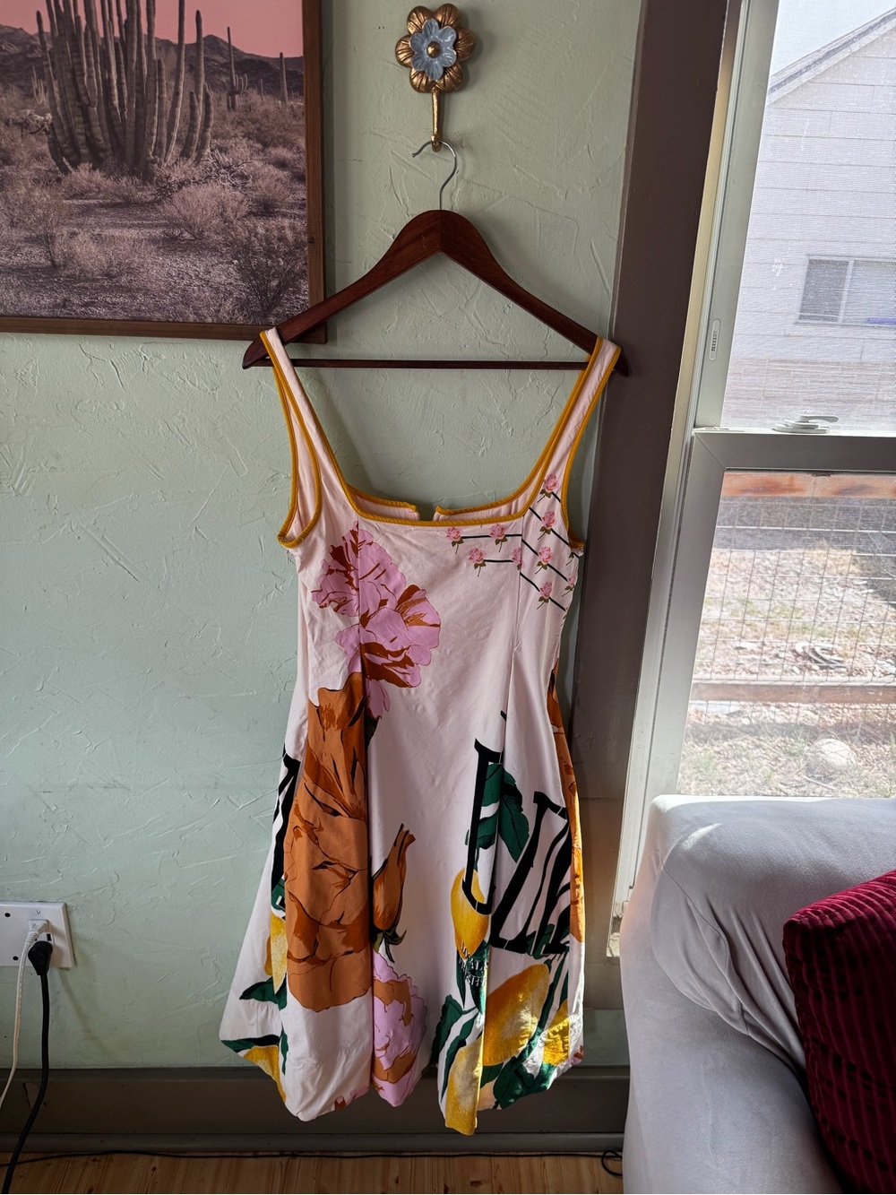 Floral Lemon Print Square-Neck Midi Dress in Cream and Pink - Picture 4 of 10